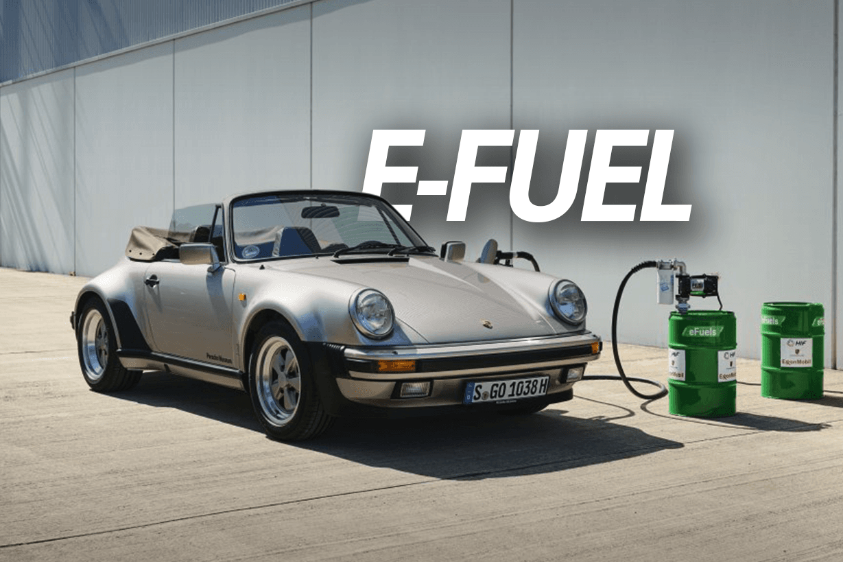 Classic Porsche 911 Cabriolet refuelling with eFuels, featuring bold E-FUEL text to highlight Porsche’s commitment to synthetic fuel innovation.