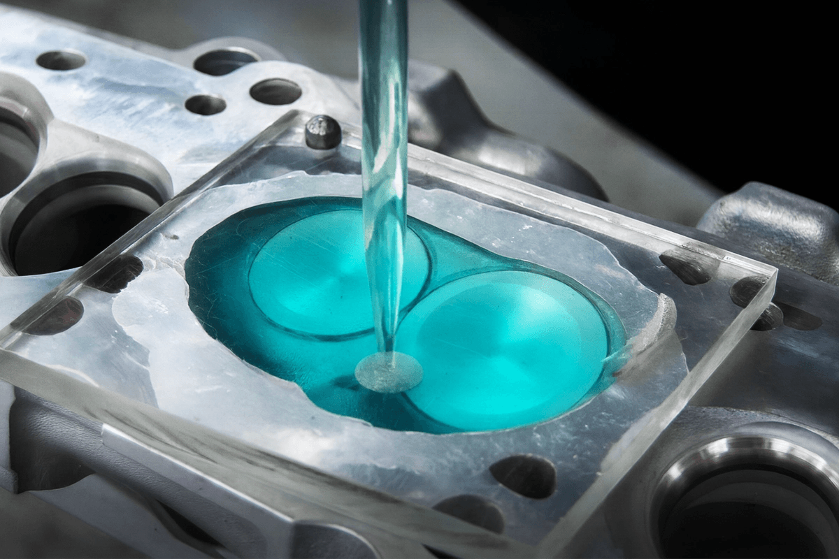 Burette fluid being used to measure combustion chamber volume through an acrylic plate for compression ratio calculation.
