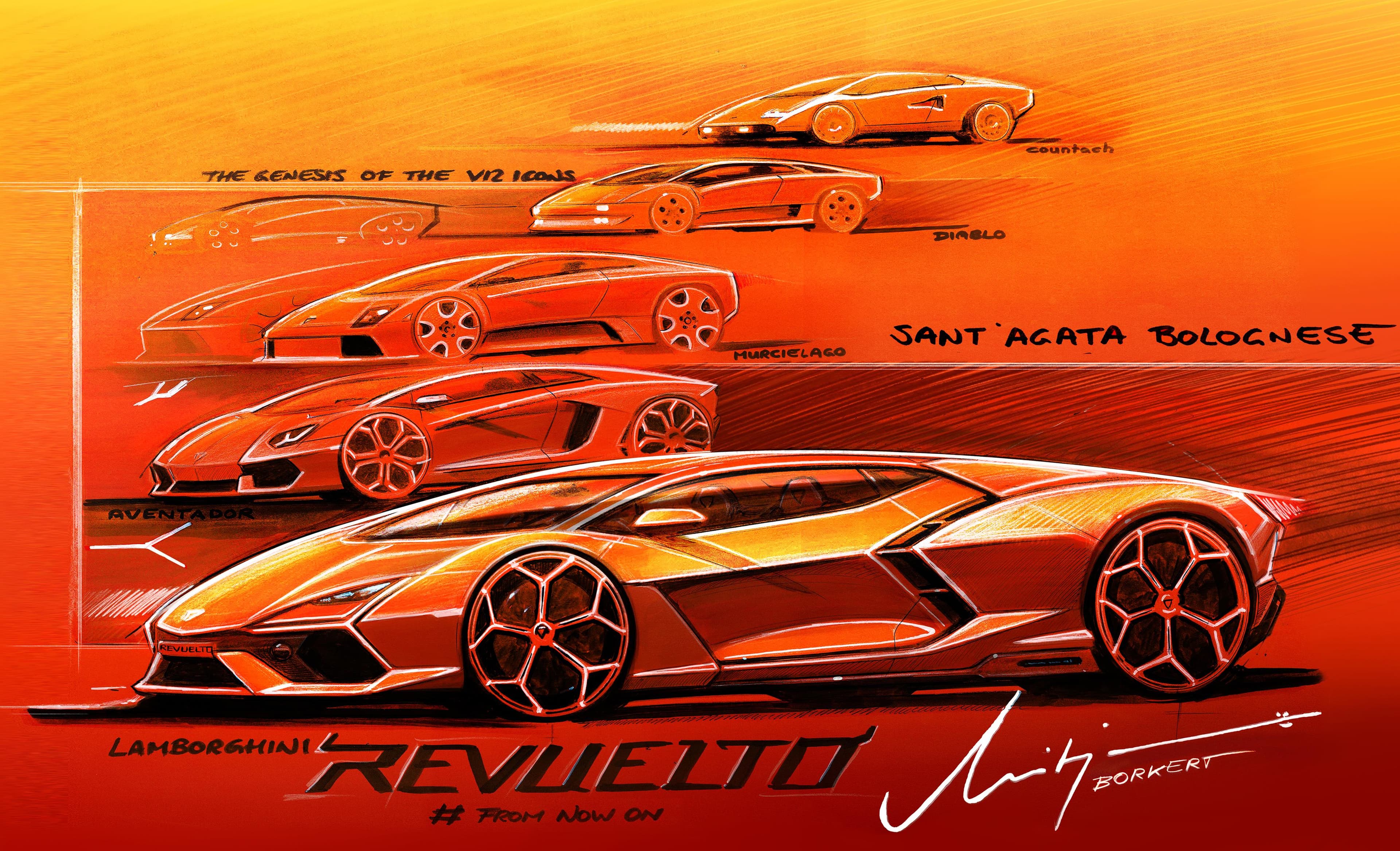 Design sketch of Lamborghini Revuelto evolution alongside Countach, Diablo, Murciélago, Aventador in Sant’Agata Bolognese.