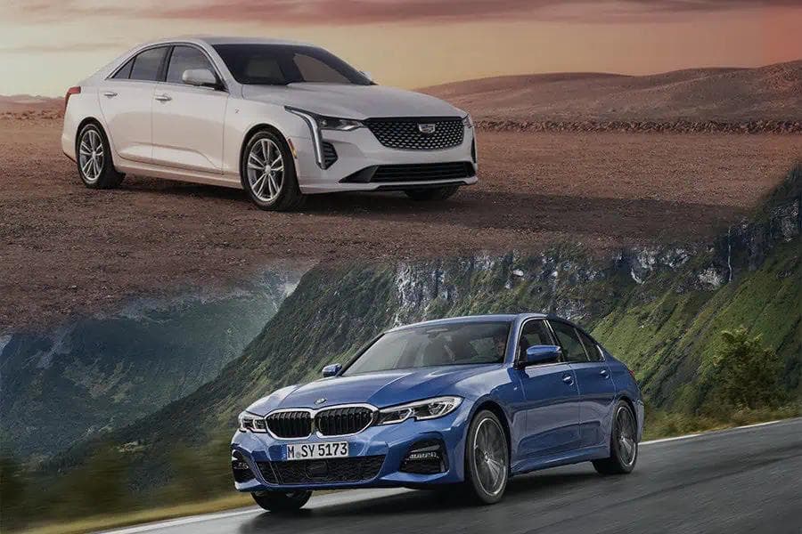 Split image showing a white Cadillac CT4 sedan parked on desert terrain above a blue BMW 3 Series driving through a scenic mountain road, highlighting two compact luxury sedans in contrasting environments.