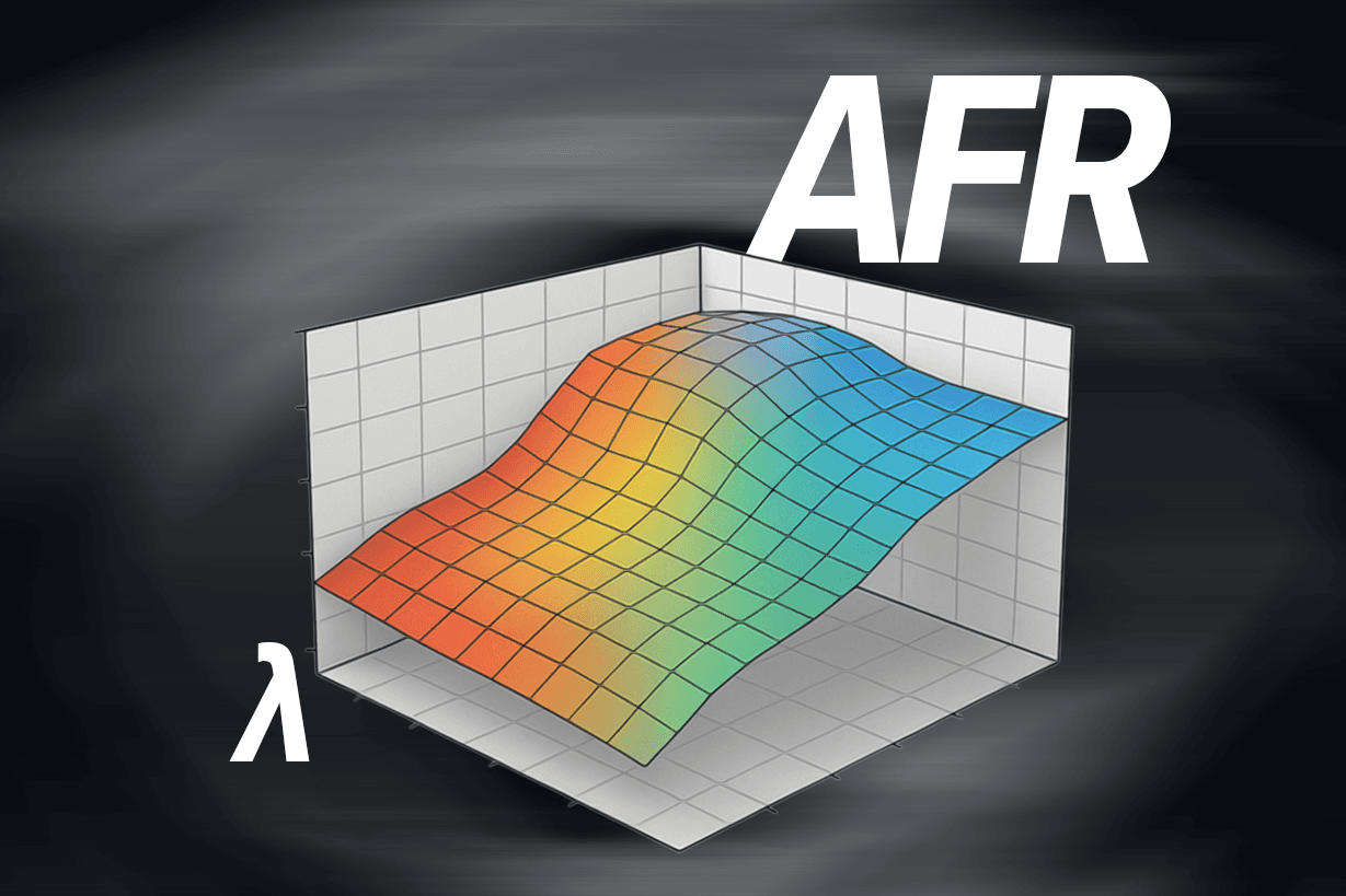 3D tuning map showing a colour gradient surface from red to blue, labelled “AFR” at the top and featuring a lambda (λ) symbol in the corner, set against a dark, stylised background.