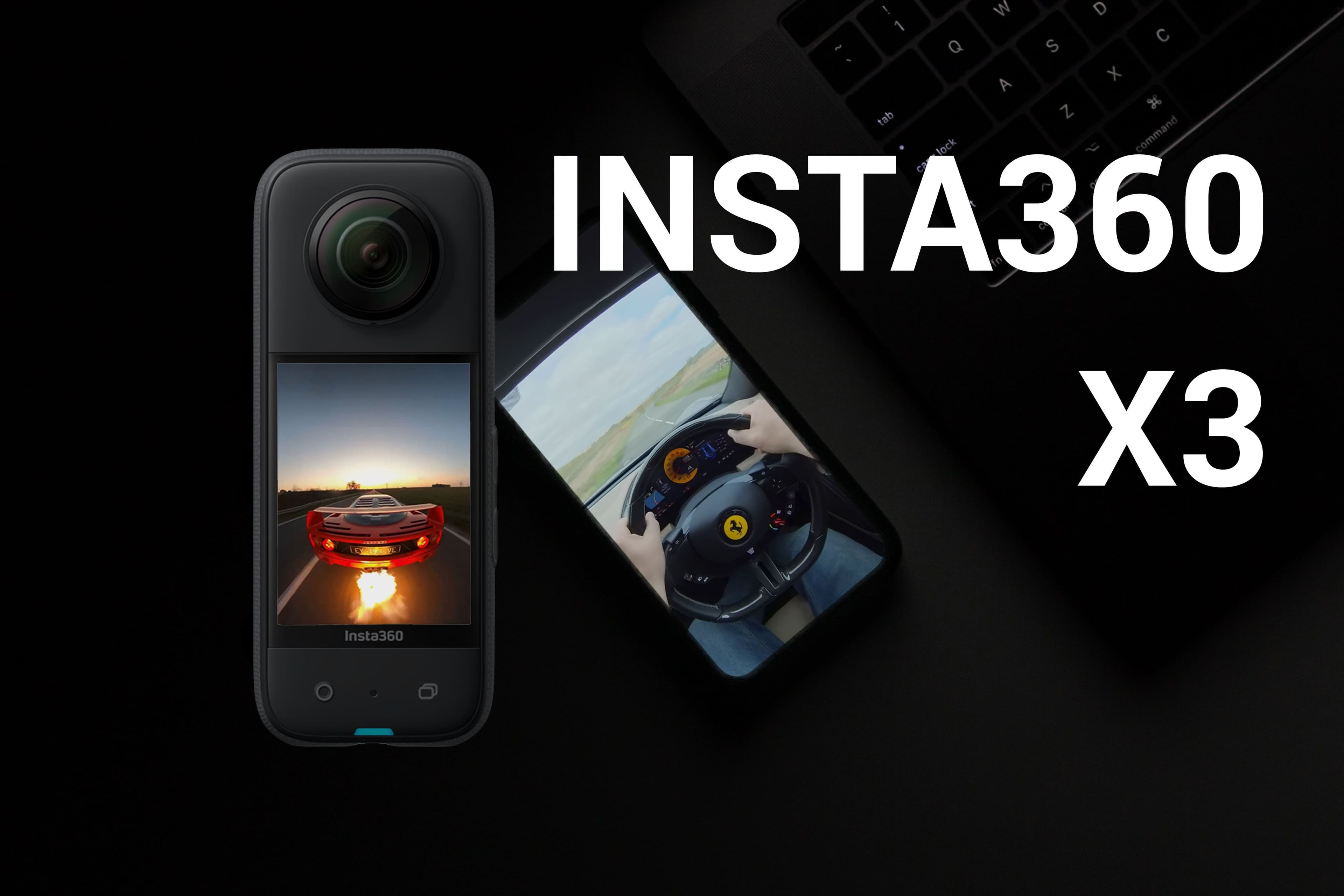 Insta360 X3 on a desk with Ferrari F40 on the screen of the action camera.