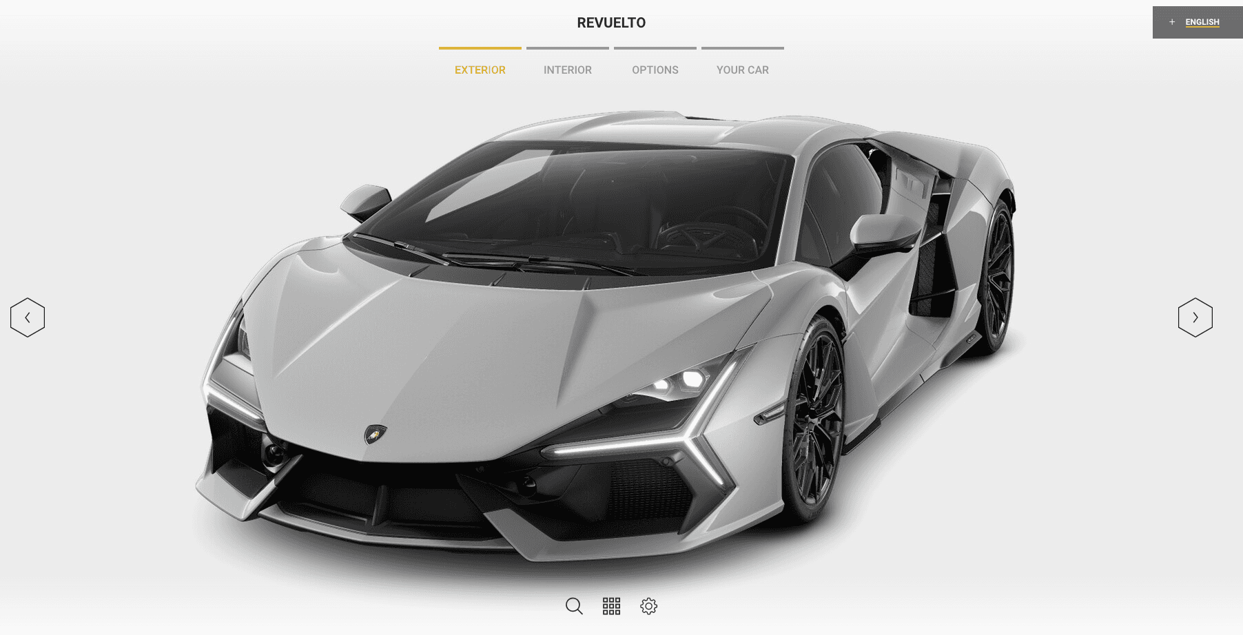 Digital render of Lamborghini Revuelto in Bianco Monocerus from official configurator, showcasing sharp front-end design.