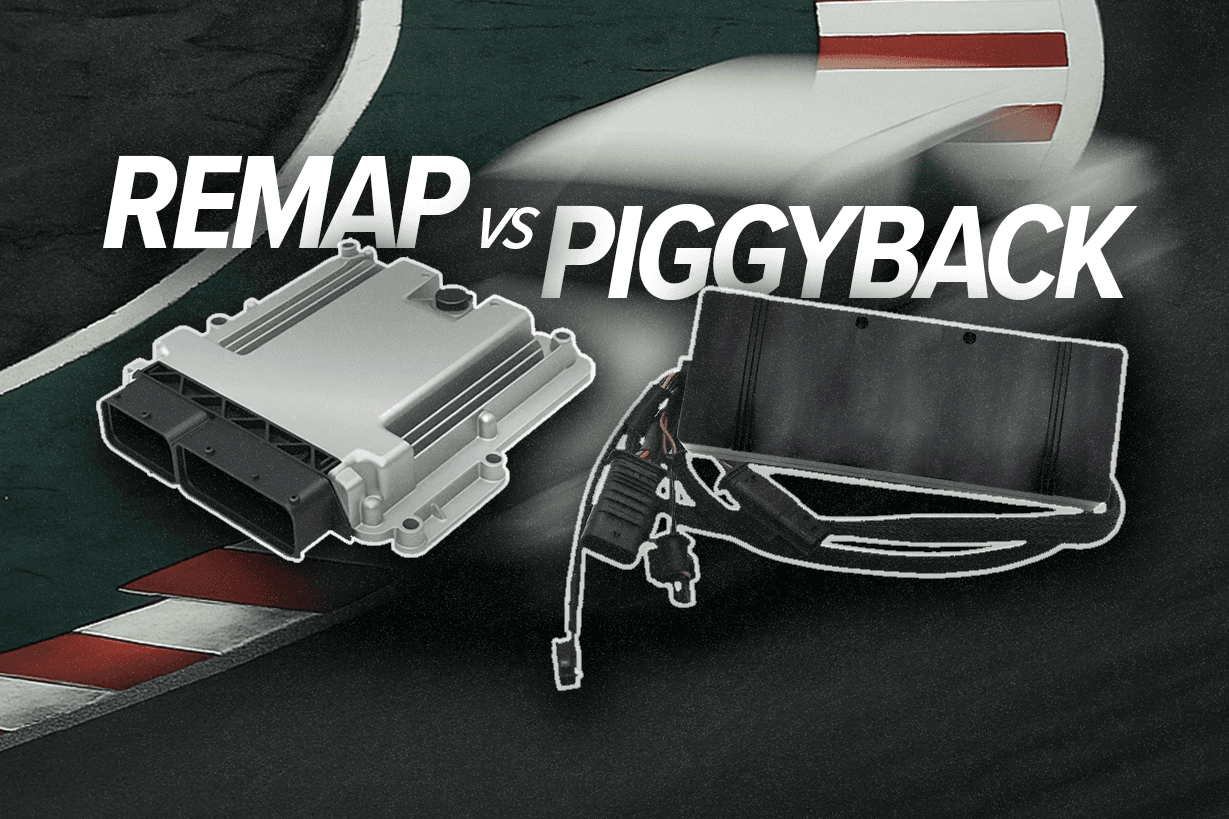 Side-by-side comparison of an ECU and piggyback tuner with "Remap vs Piggyback" text over a racetrack background.
