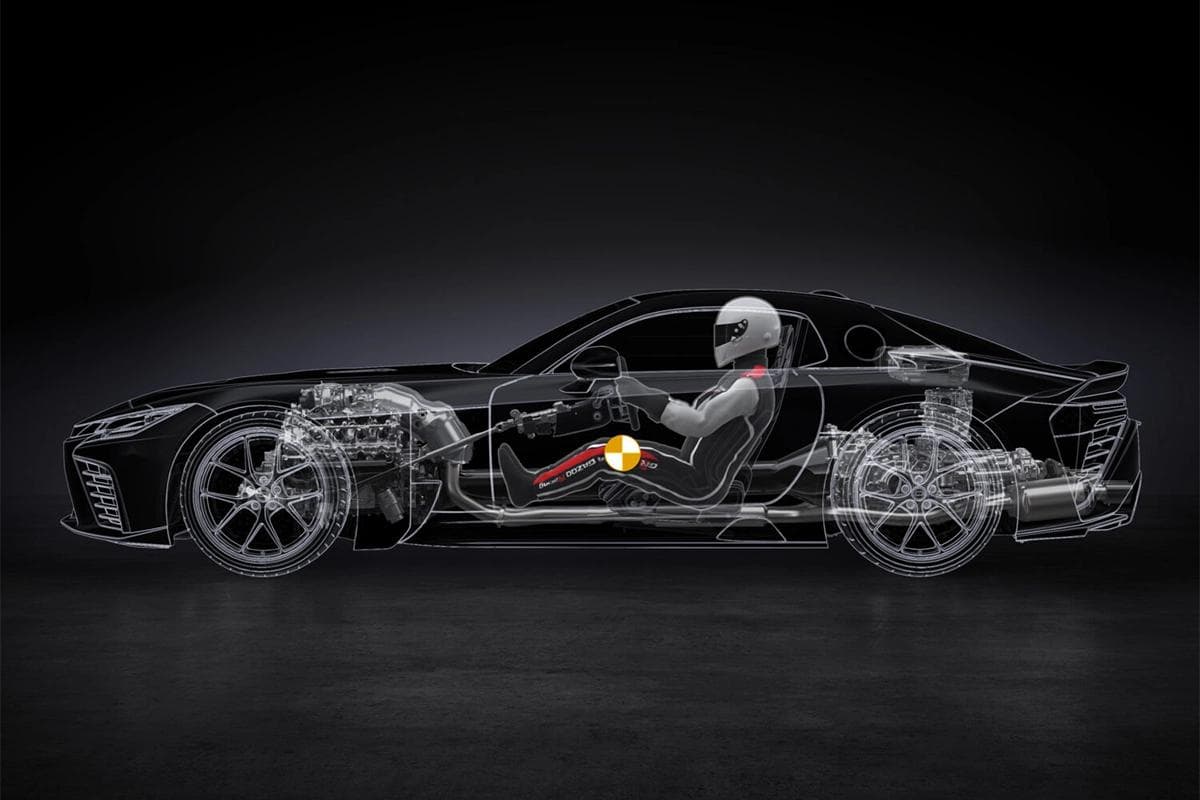 Side profile cutaway of the Toyota GR GT showing the V8 engine, hybrid system, drivetrain and driver seating position.