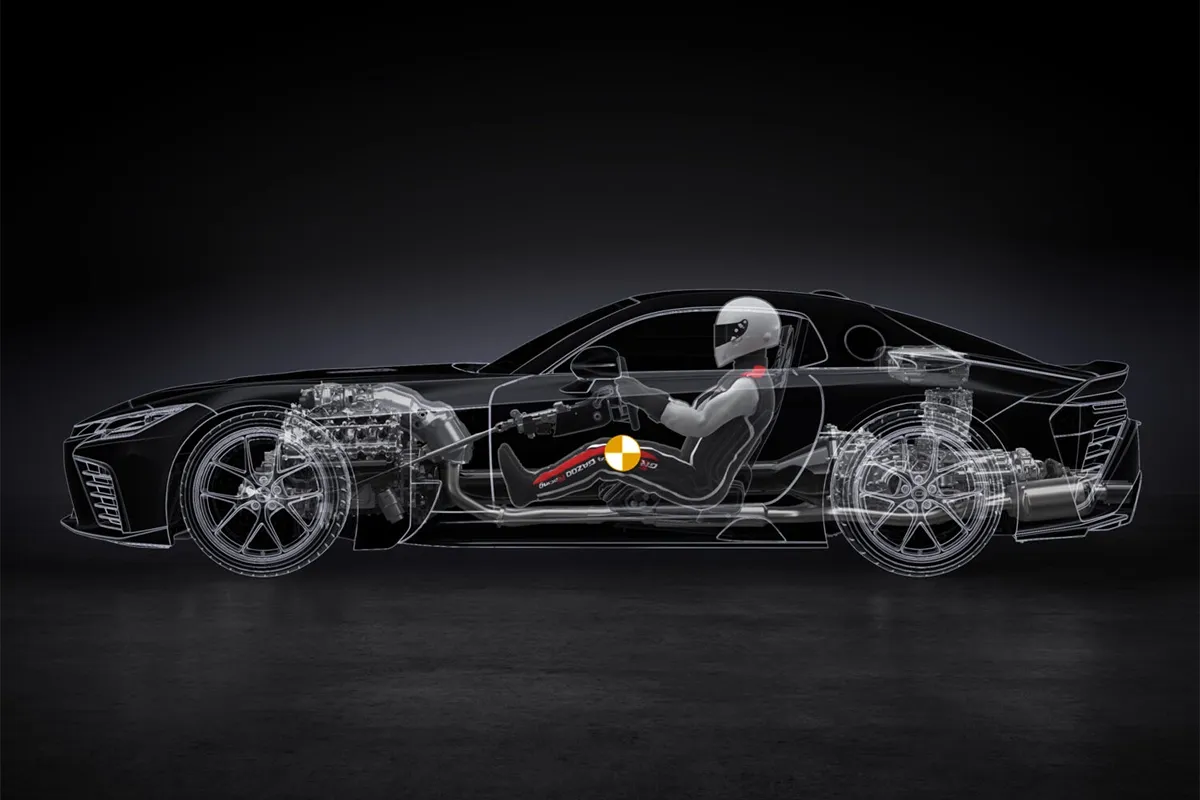 Side profile cutaway of the Toyota GR GT showing the V8 engine, hybrid system, drivetrain and driver seating position.