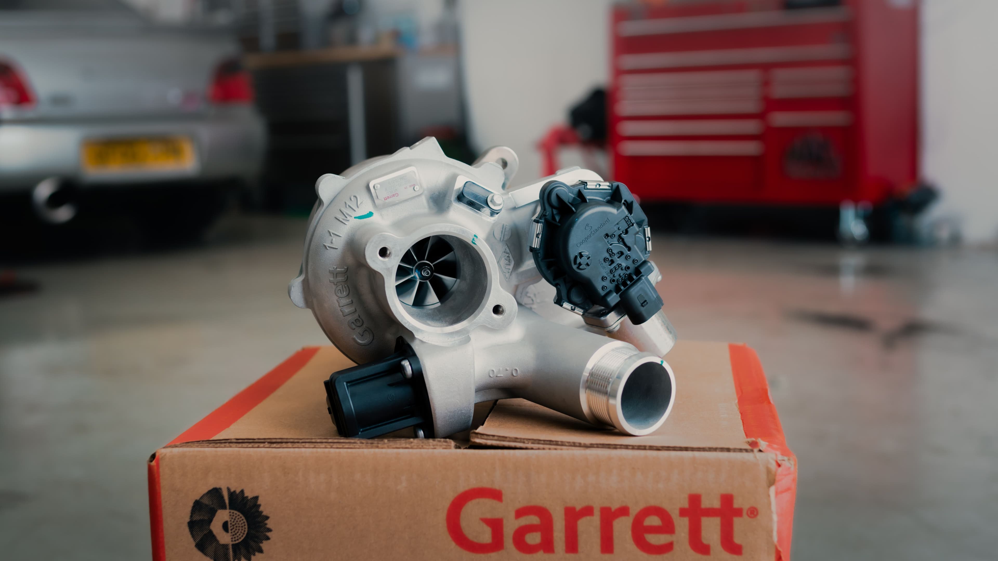 Garrett turbocharger designed for a Volkswagen EA888 TFSI engine for advanced forced induction tuning.