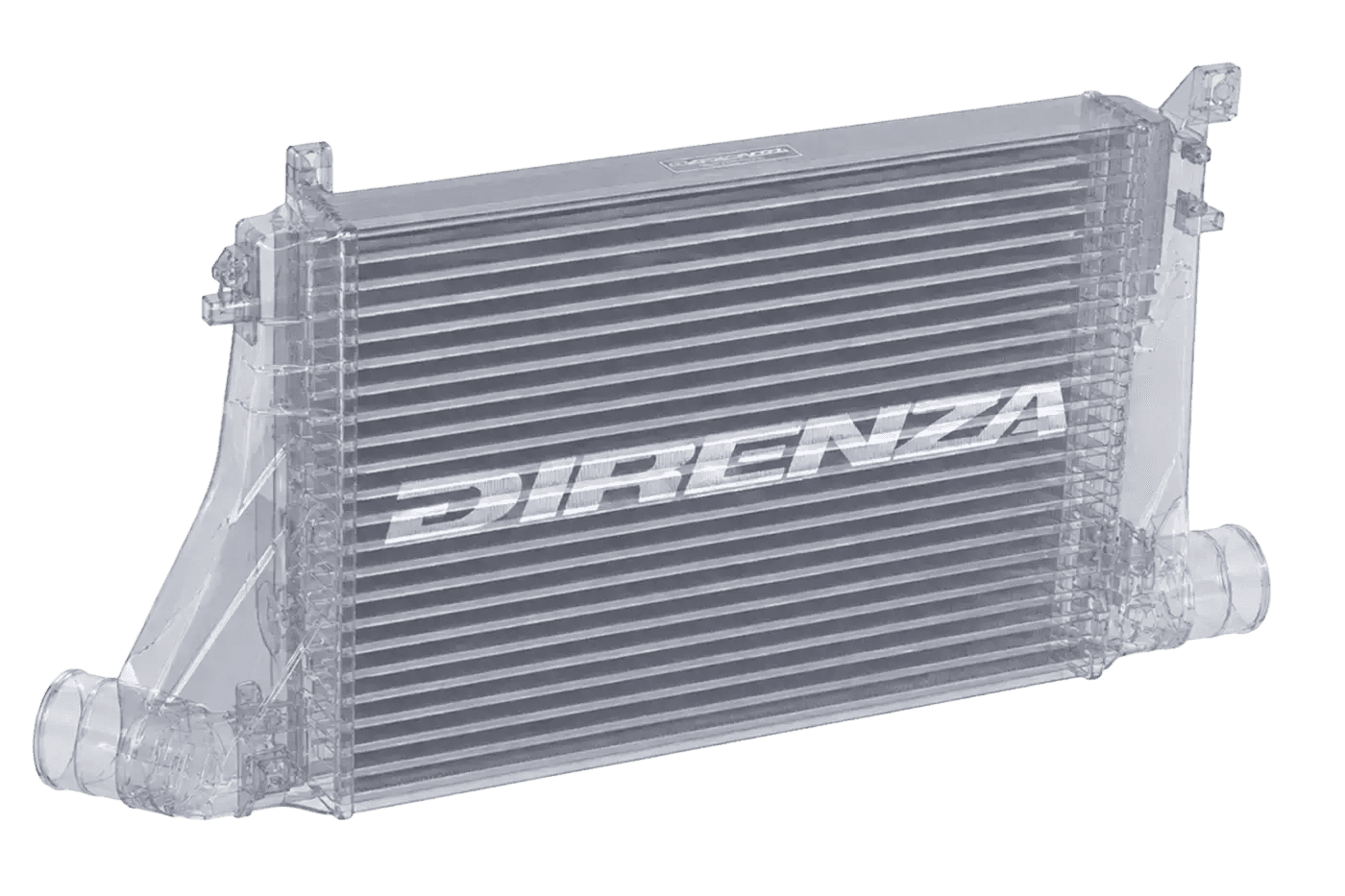 Transparent cutaway of Direnza intercooler showing internal fin and vane construction, demonstrating multi-vane technology for optimised air distribution across the core.