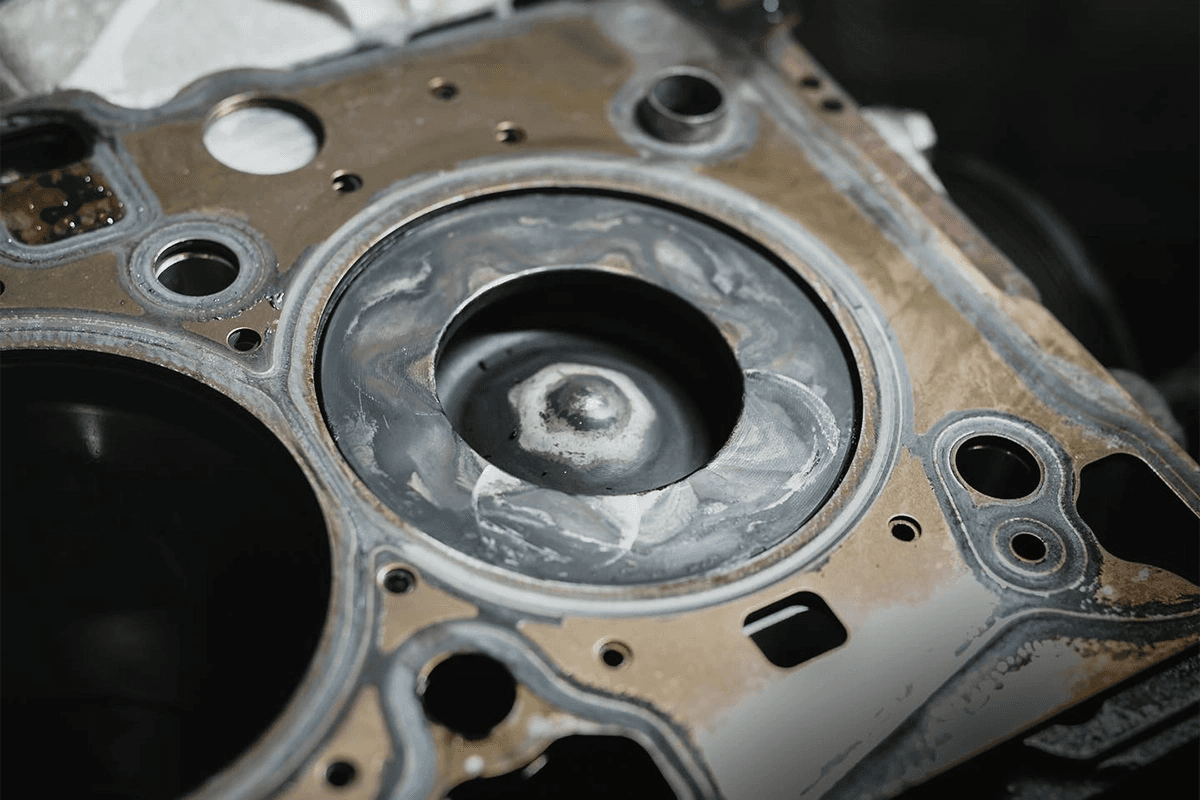 Closeup of a diesel engine piston crown showing wear and carbon buildup after cylinder head removal,