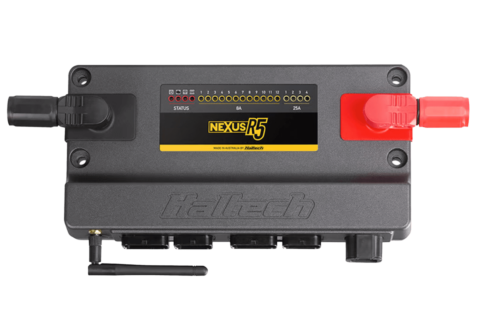 Top-down view of the Haltech Nexus R5 VCU standalone engine management system, showing CNC housing, branding, and port layout.