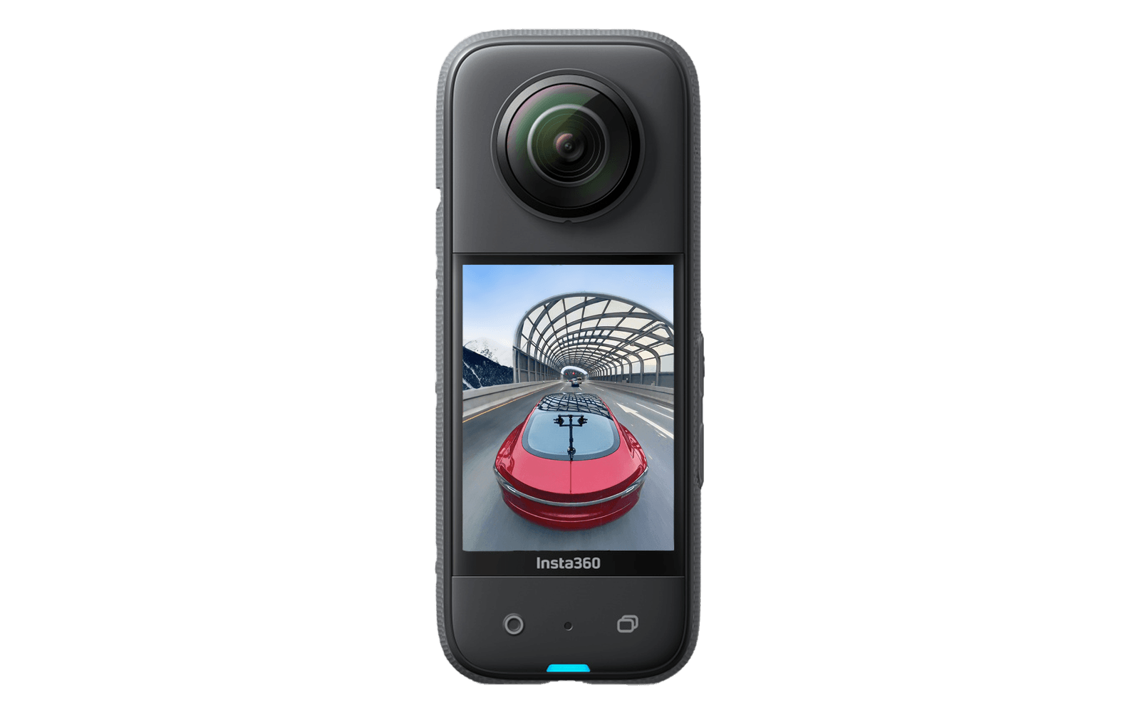 Insta360 X3 camera mounted on a red Tesla Model S parked outdoors.