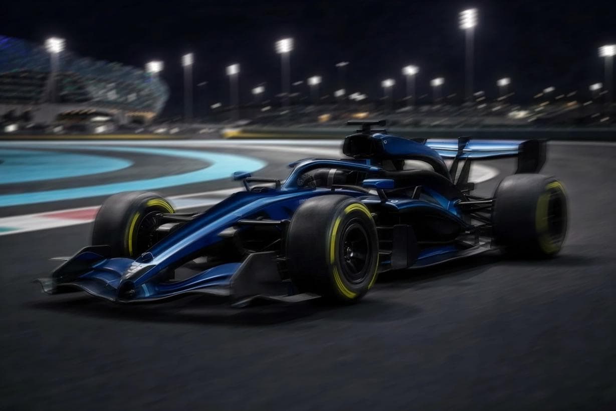 Computer generated render of a 2026 Formula 1 car on track at night, highlighting car proportions, tyres and aerodynamic surfaces under the new regulations.