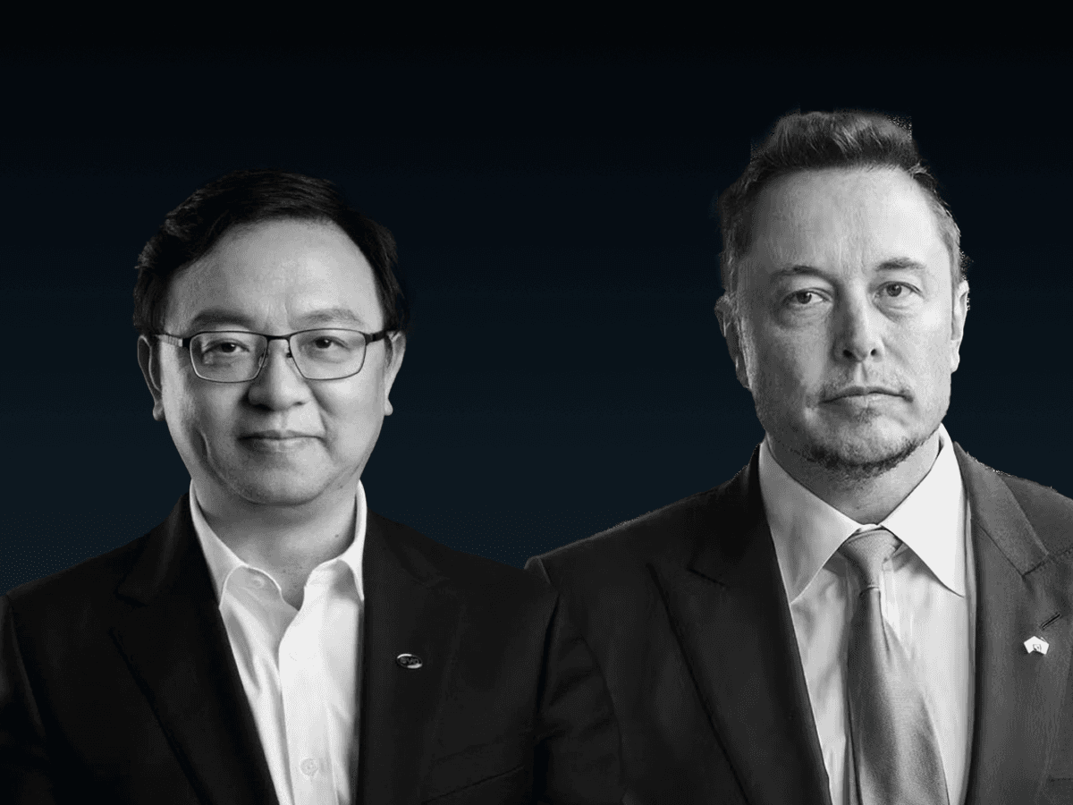 A black and white composite portrait featuring two prominent business leaders side by side. On the left, a man wearing glasses and a suit with a white shirt, representing BYD’s Wang Chuanfu. On the right, a man in a suit and tie with a serious expression, representing Tesla’s Elon Musk. The dark gradient background emphasizes their contrasting expressions and styles.
