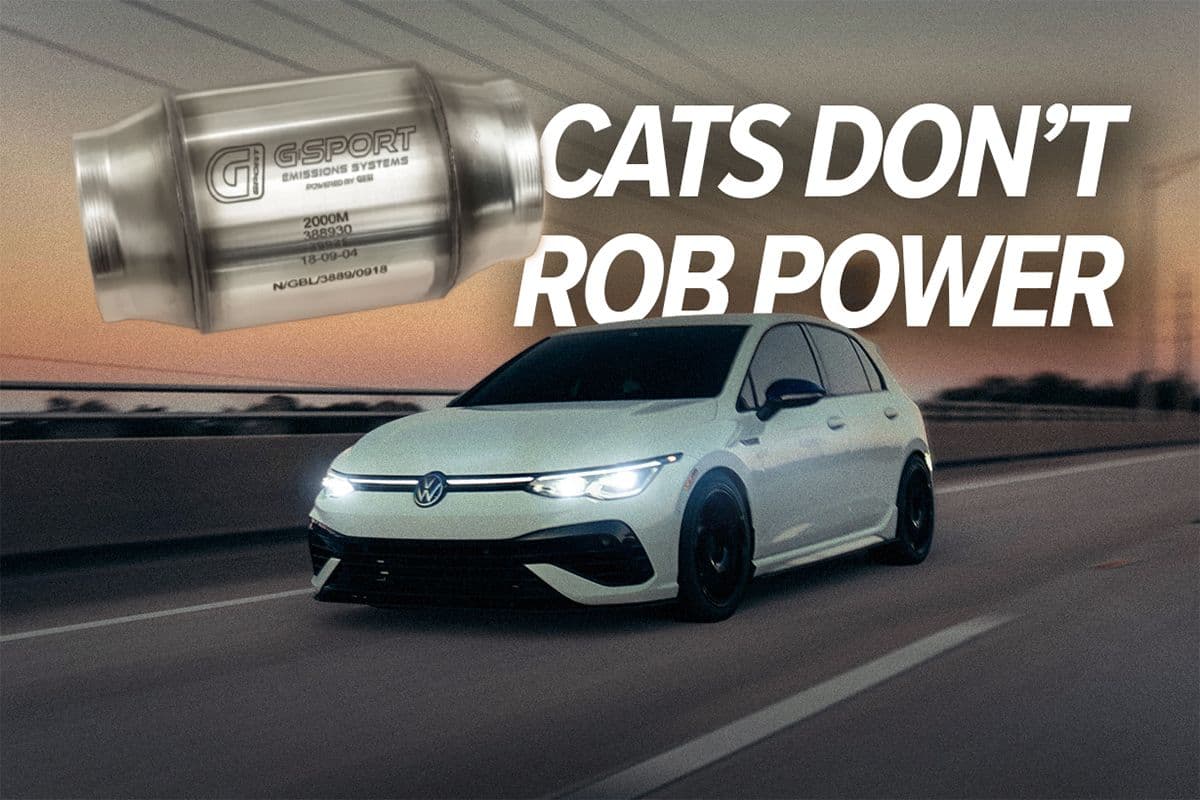 Cover image showing a Volkswagen Golf R driving at speed with a high-flow catalytic converter graphic and the headline “Cats Don’t Rob Power”.