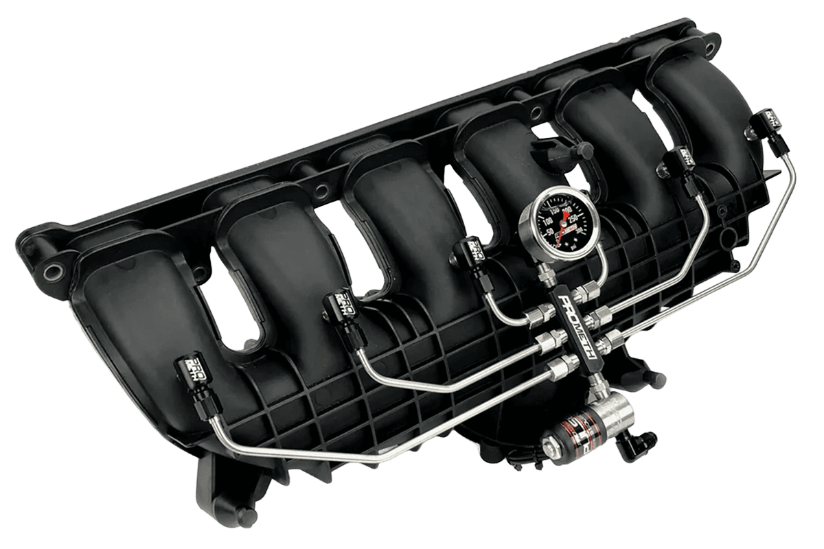 ProMeth direct port water methanol injection BMW intake manifold with stainless lines, distribution block, and pressure gauge for equal flow to each runner.