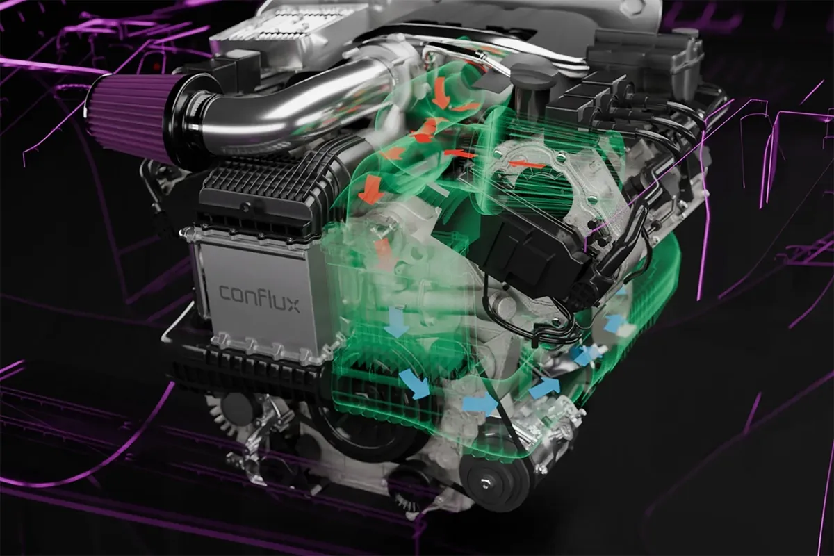 Conflux rectangular water charge air cooler packaged on a turbocharged engine, showing how printed charge coolers fit manufacturer engine designs