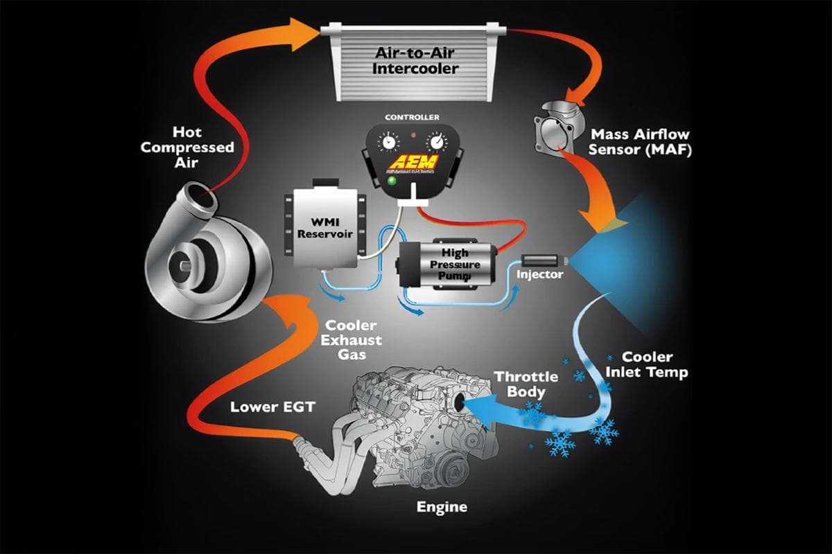 Airflow diagram of a turbocharged engine with an air to air intercooler and AEM water methanol injection spraying near the throttle body to reduce inlet temperature and lower EGT.
