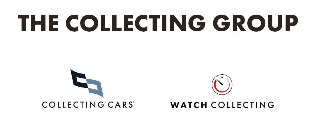 Logo image for The Collecting Group, featuring bold text at the top and two brand logos underneath: Collecting Cars with a stylised checkered flag icon, and Watch Collecting with a minimalist watch face icon in red and black.