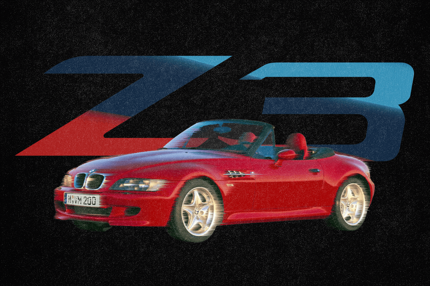 Front three-quarter view of a red BMW Z3 M Roadster with the top down, featuring the iconic BMW M tri-colour stripes in light blue, dark blue, and red. The car is positioned in front of a large stylised “Z3” logo rendered in M colours, with a vintage film grain overlay on a black textured background.
