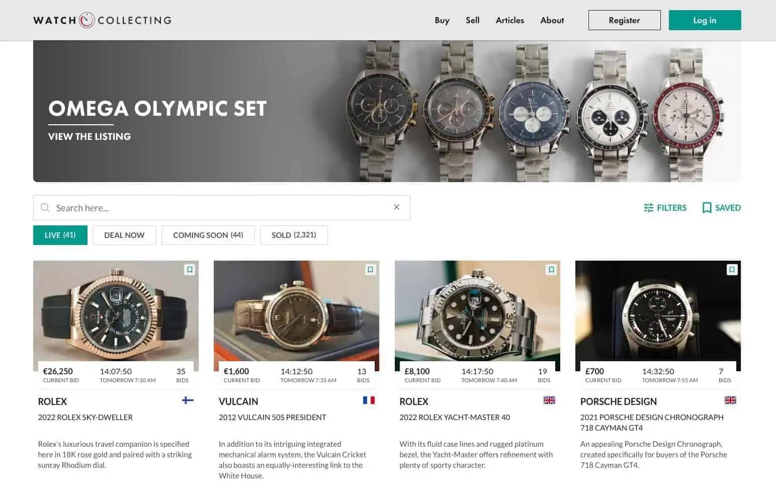 Screenshot of the Watch Collecting online auction platform showing a banner for an Omega Olympic Set and listings for various luxury watches, including Rolex, Vulcain, and Porsche Design timepieces, with current bids and countdown timers visible.