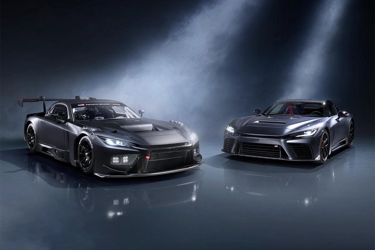 Toyota GR GT and GR GT3 pictured together in a studio setting, showing the road car beside the GT3 race car for the 2025 launch.