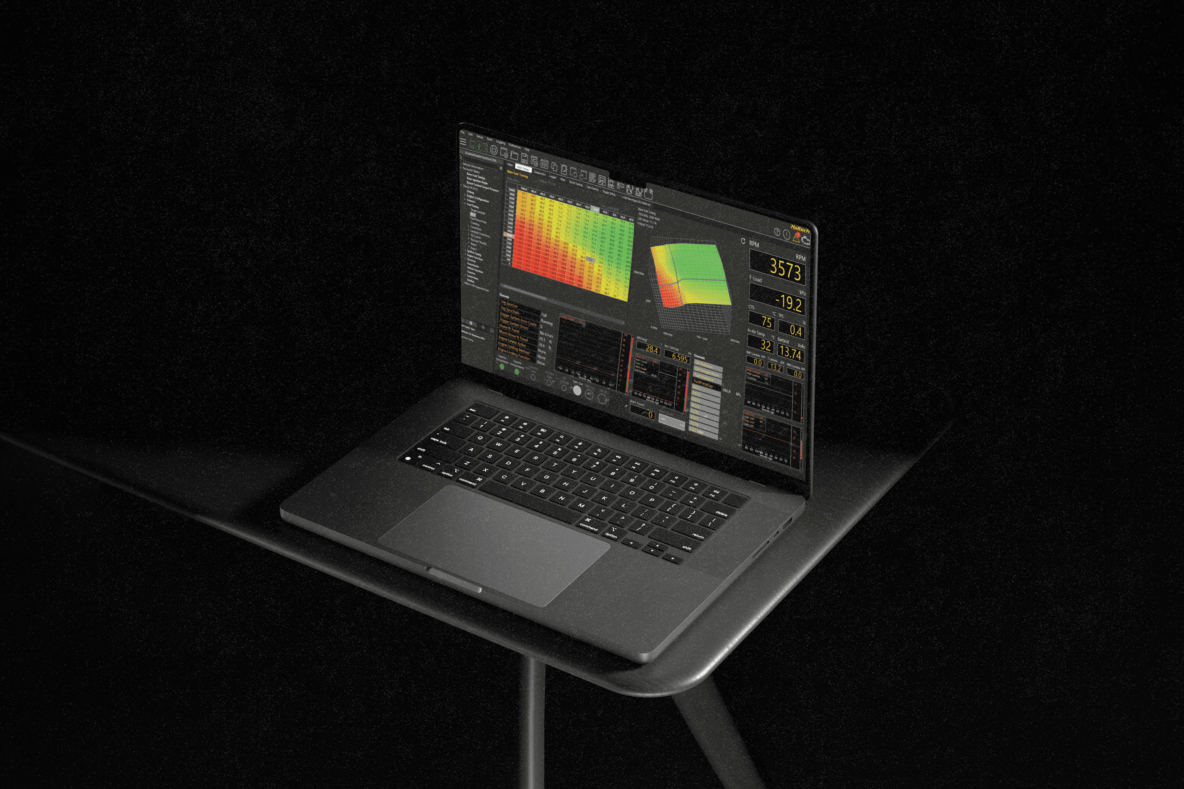 MacBook displaying Haltech ECU tuning software with 3D fuel maps, RPM data, and live engine diagnostics on screen
