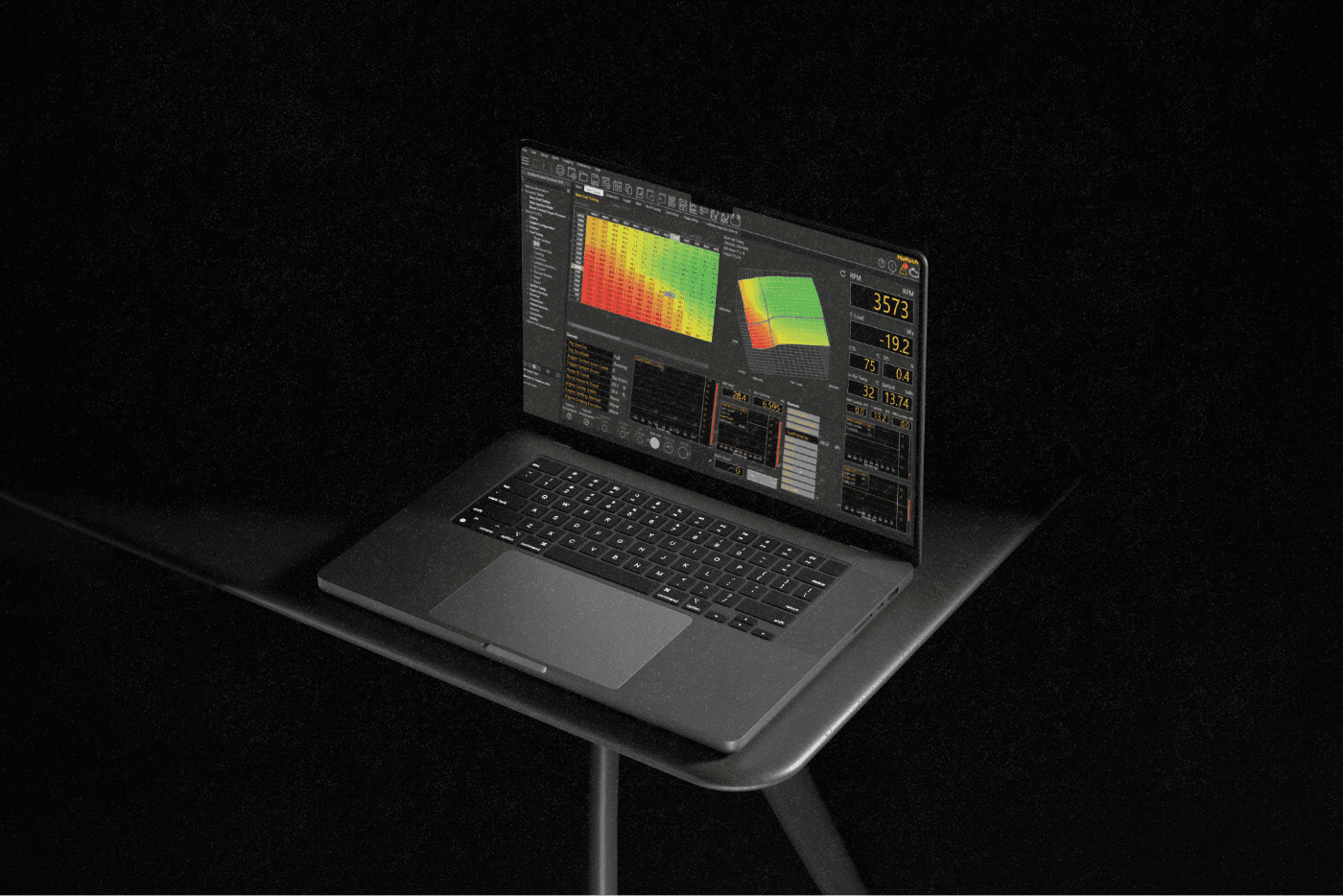 MacBook displaying Haltech ECU tuning software with 3D fuel maps, RPM data, and live engine diagnostics on screen